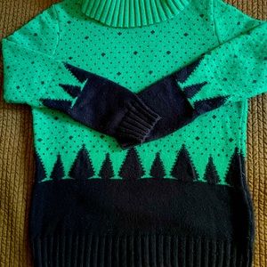 Talbots women’ pullover sweater with cowl neck. Kelly green bodice/navy. Medium.